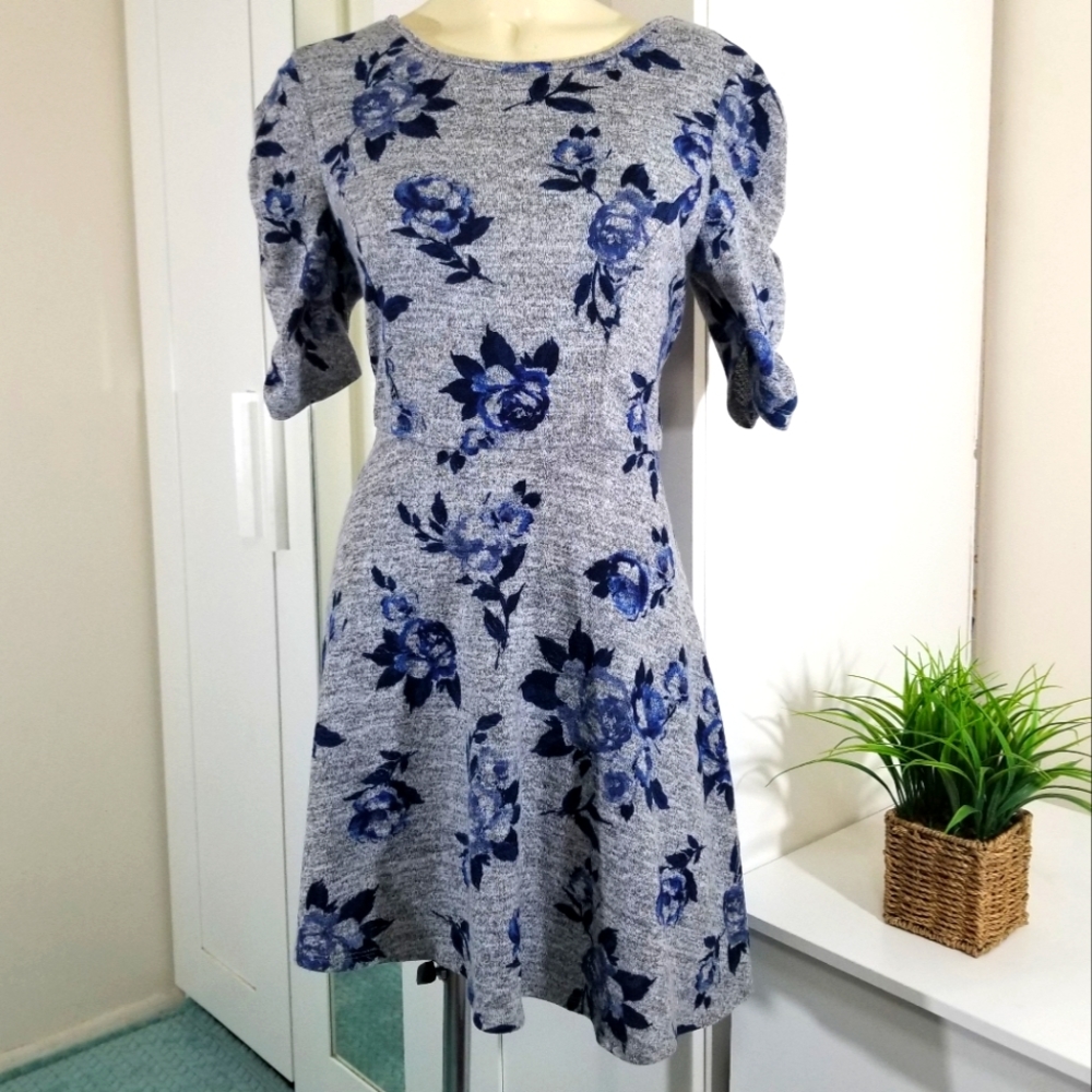 Blue Gray Floral Skater Dress